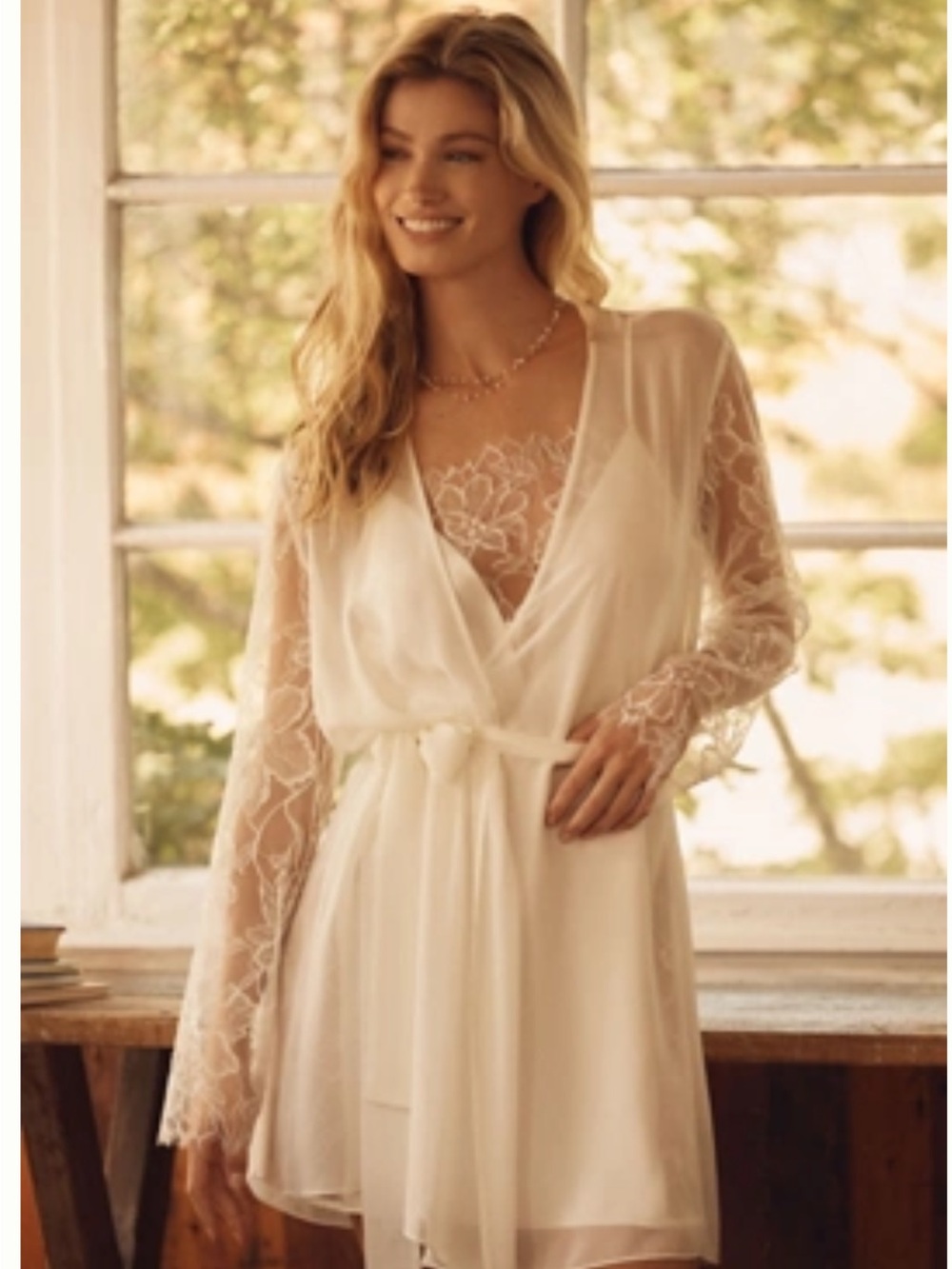 Sheer Lace-Trim Robe in Cream with Tie Waist